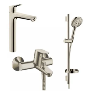 Hansgrohe Focus 230 高身水龍頭+Focus 單把手浴缸龍頭+Select S 淋浴花灑套裝 (拉絲鎳) (31531820+31940820+26630820)